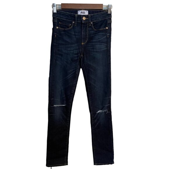 PAIGE Womens Dark Wash Distressed Slim Straight Ankle Mid Rise Jeans Size 25 - Picture 1 of 7